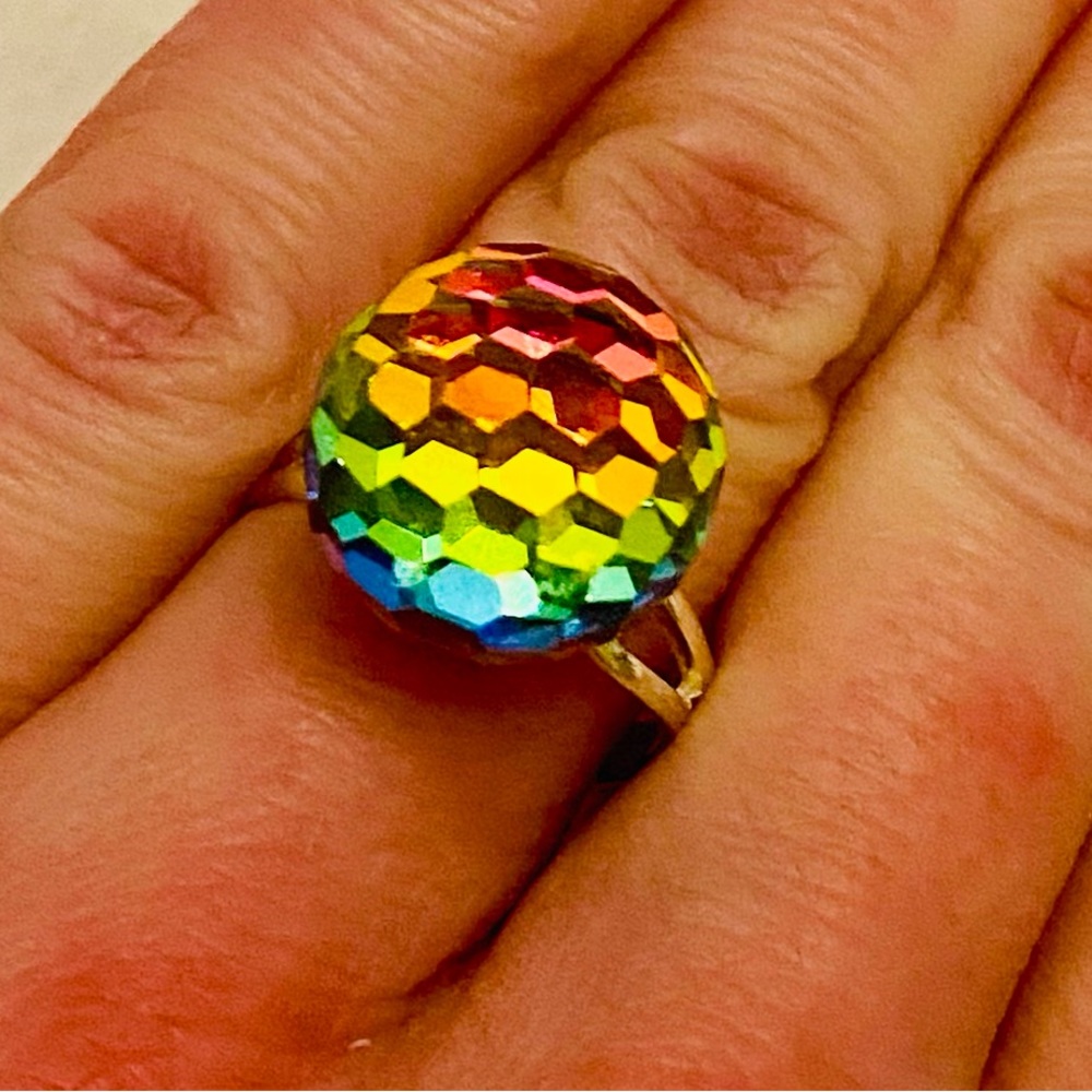 Vintage Swarovski disco ball medium vitrial crystal rainbow ring